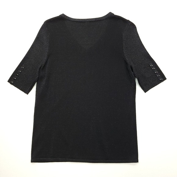 Belford Sweater Women Large Black Silk Cotton Metallic Short Sleeve V-Neck Knit‎ - Picture 2 of 9